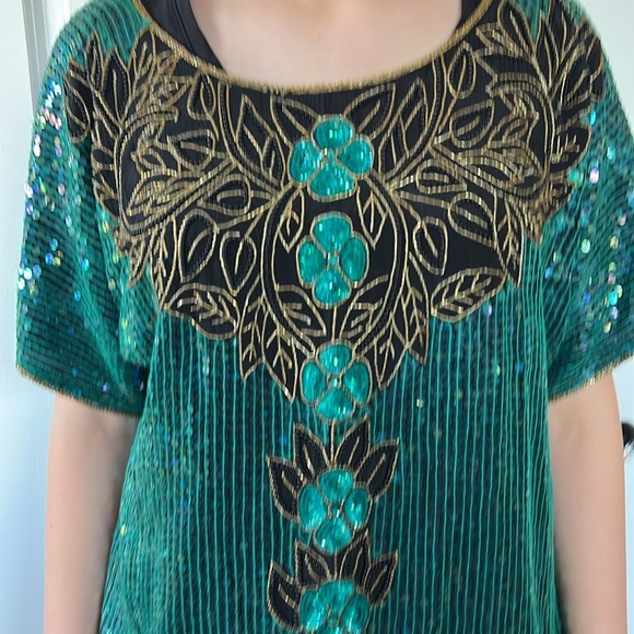 Vtg 90s floral EMERALD GREEN sequin beaded top shirt XL - Picture 3 of 11